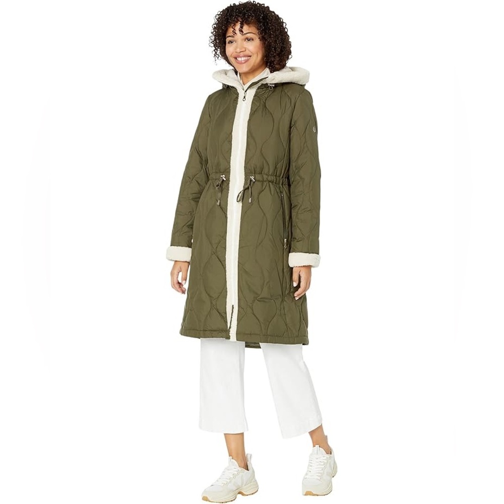 NWT KATE SPADE FAUX SHEARLING TRIM DOWN AND FEATHER FILL LONG COAT OLIVE SIZE XL